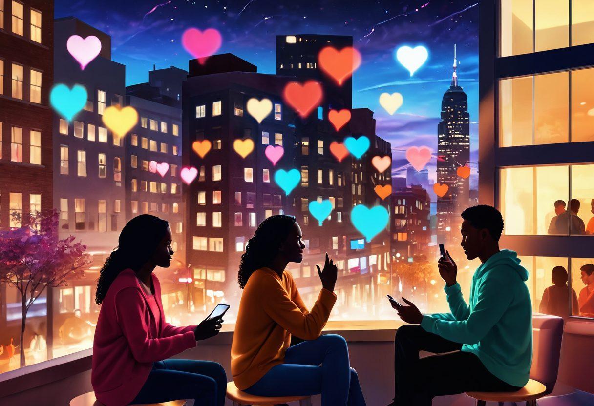 An inviting digital landscape depicting diverse individuals engaging in intimate conversations through glowing chat windows, symbolizing virtual connections. Soft, warm lighting creates a cozy atmosphere, while elements like hearts and light trails represent emotions and interactions. Include a blurred cityscape in the background to evoke a sense of community. Illustration style: vibrant colors, modern digital art.