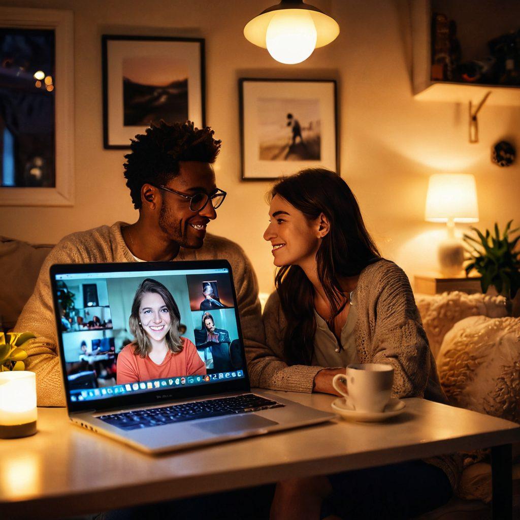 A captivating scene of a cozy, dimly-lit room with a glowing laptop showcasing webcam interactions, featuring diverse individuals engaging in playful and sensual conversations. Soft, warm lighting accentuates the intimacy of the moment, with hints of colorful decor and subtle items that suggest connection and exploration of virtual intimacy. The atmosphere is both inviting and intriguing, capturing the essence of modern relationships. super-realistic. vibrant colors. soft focus.